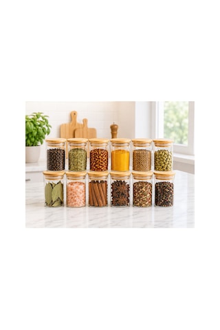 12'li Bambu Vakum Kapaklı Borosilikat Cam Baharat Seti 270 Ml Diğer
