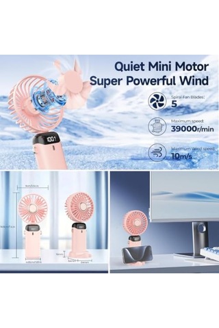 Şarjlı El Vantilatörü - Led Dijital Ekranlı 5 Kademe Rüzgar Hızlı Mini Masaüstü Fan, Boyun Askılı Katlanabilir Şarj Edilebilir Taşınabilir Vantilatör, Telefon Standlı Type-c Şarjlı Pembe