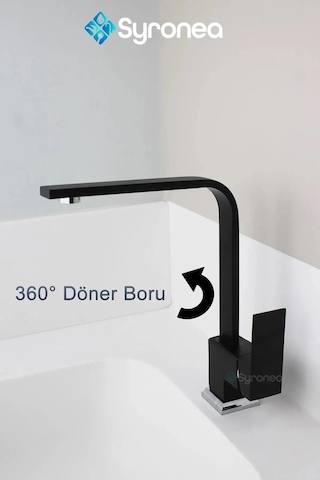 Siyah Kuğu Kare Mutfak Evye Bataryası 360 Derece Döner Boru Garantili Sıcak Soğuk Girişli Siyah
