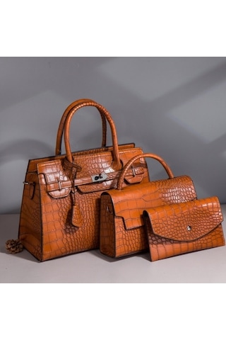 Wondernest Çapraz Desenli Timsah Baskı Tote Çanta 3'ü 1 Arada, Büyük Kapasiteli Kahverengi Kahverengi