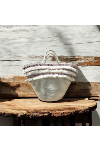 Hasır Çanta, Plaj Çantası, Tasarım Çanta, Ekru Pembe Şeritli El Çantası Ekru
