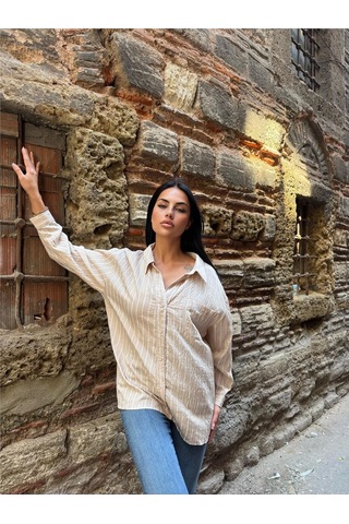 WeShaya Taş Çizgili Oversize Düğmeli Gömlek Taş