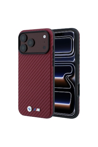 Apple iPhone Uyumlu 18 Pro Kılıf Bmw Lisanslı M-safe Özellikli Pu Karbon Tasarımlı Metal Logolu Kapak Bordo
