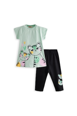 Denokids Puanlı Kaplan Kız Çocuk T-shirt Tayt Takım Renkli Çok Renkli