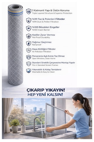 Respilon- Odera Yeni Nesil Sineklik - 3 Katmanlı Toz Polen Alerjen Pencere Filtresi 100cm X 150cm