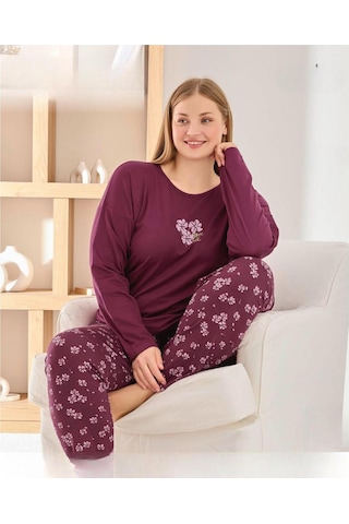 Pijamoni Kadın Sofya Büyük Beden Bisiklet Yaka Uzun Kol İnce Pijama Takımı 8720/3- 1 Adet Bordo