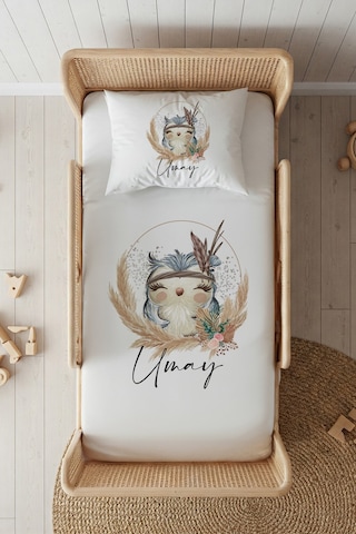 %100 Pamuk Saten İsme Özel İsimli 100x200 Tek Kişilik Lastikli Çarşaf Seti Baykuş Beyaz