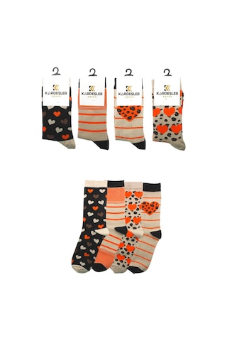 Kadın Çok Renkli Kalpli Çizgili Desenli Pamuklu Soket Uzun Çorap 4'lü Paket Çok Renkli