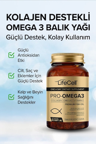 Lifecell Pro-Omega 3 Dha & Epa Kolajen ve Vitamin E İçeren Takviye Soft Jel 60'lı