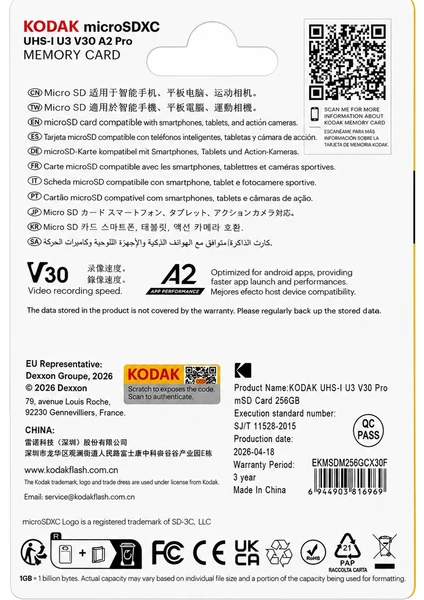 Kodak 256gb Micro Sd Uhs-ı U3 V30pro Hafıza Kartı