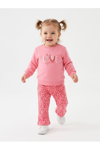 HelloBaby Pamuklu Kalp Detaylı 2li Kız Bebek Takım Nar Çiçeği