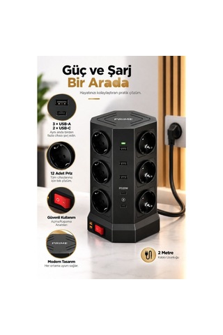 12 Li Priz Çoklu Akım Korumalı Uzatma Kulesi 3 Usb-a 2 Usb-c Pd20w 3680w 2 Metre 0 - 2 M