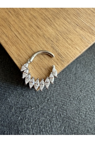 %100 316 L Cerrahi Çelik Markiz Kesim Taşlı Özel Tasarım Kilitli Halka Piercing Gümüş