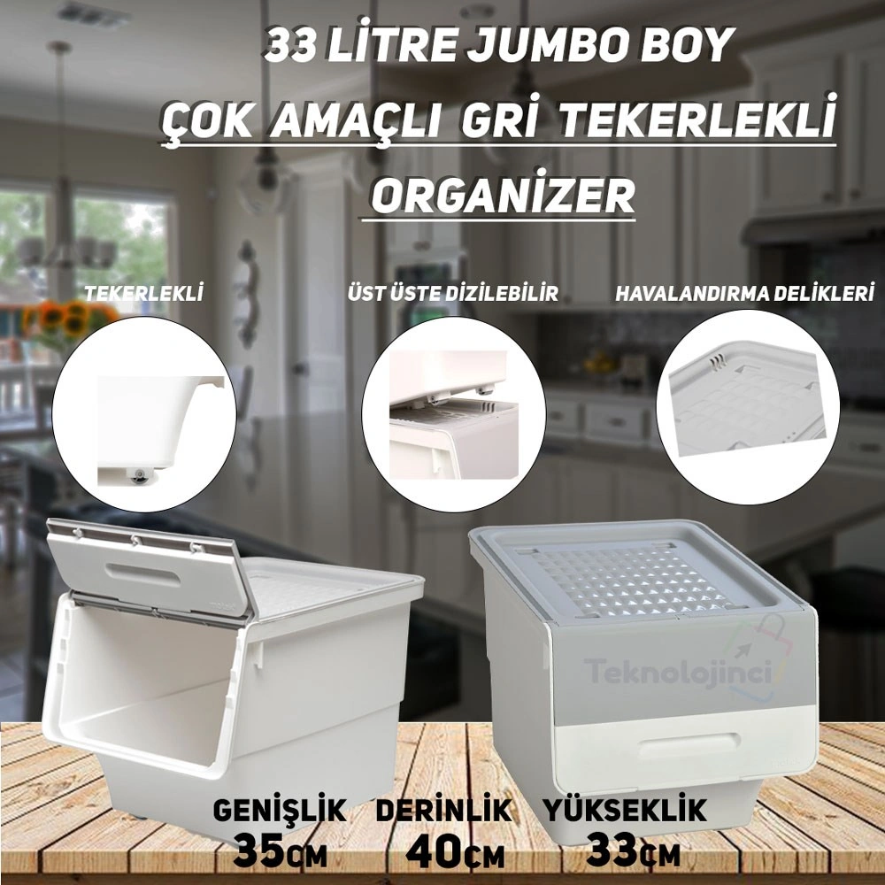 Technow Motek Tch-mt04 33 Litre Beyaz Gri Tekerlekli Tekli Organizer + Temizlik Seti Gri - Beyaz