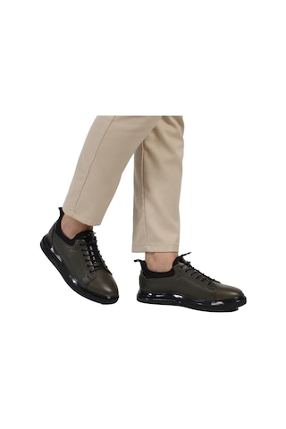 Erkek Haki Bağcıklı Kalın Tabanlı Deri Sneaker siyah