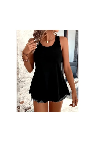 Butik İstanbul Kadın Askılı Yuvarlak Yakalı Arkası Şerit Detaylı Viskon Bluz Siyah