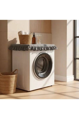 Fırfırlı Çamaşır Makinesi Örtüsü - Çeyizlik Dekoratif Banyo Makine Kılıfı- Füme