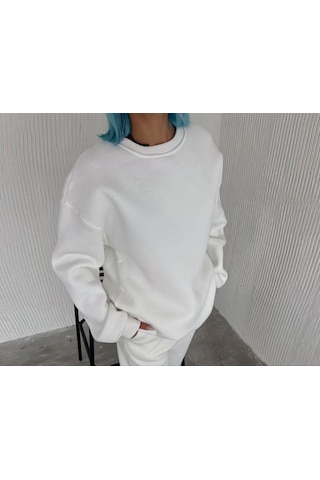 Mbb E-ticaret Kadın Bisiklet Yaka 3 İplik Pamuklu Basic Sweatshirt - Beyaz