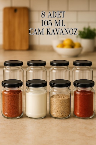 8 Adet 105 Ml Baharatlık Mama Şekerleme Çok Amaçlı Metal Kapaklı 105 Cc Kısa Cam Kavanoz Siyah
