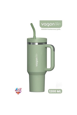 Tumbler Quencher Cup 1200 Ml Pipetli Rahat İçim Kulplu Sus304 Paslanmaz Çelik 1.2l Termos 1103-1200ml Yeşil Diğer