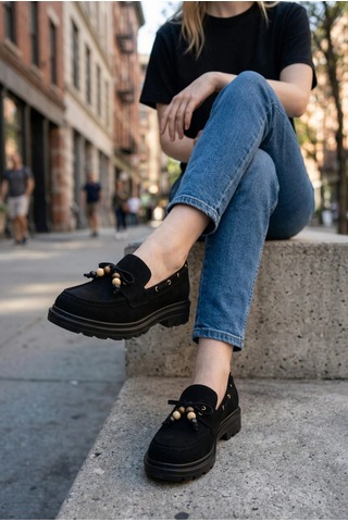 Efw Kadın Yüksek Kaymaz Taban Siyah Süet Boncuklu Bağcıklı Loafer Oxford Ayakkabı