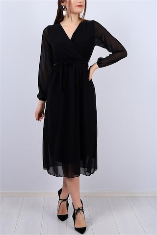 Neşeli Butik Kadın Siyah Kuşaklı Kruvaze Midi Şifon Elbise Nb2023 Siyah