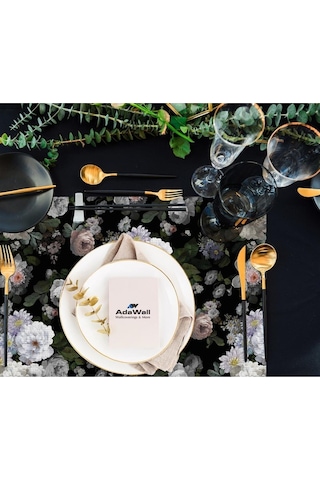 Siyah Çiçek Kumaş Amerikan Servis 4'lü Set - 35x50cm Keten, Ulusl. Yıkama Ve Solmama Sertifikası Çok Renkli