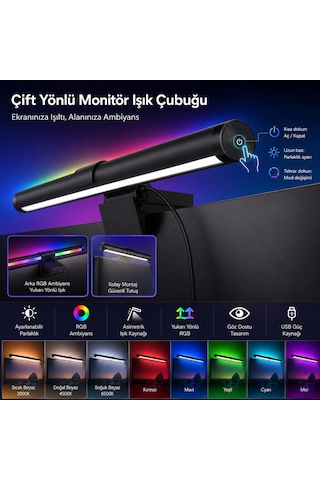 Dokunmatik Rgb Çift Yönlü Monitör Üstü Led Aydınlatma Monitör Işık Çubuğu 40cm