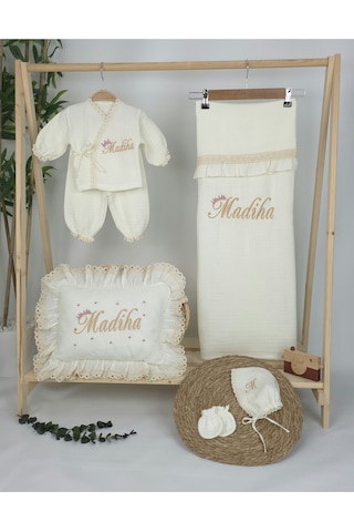 Gros Shop Müslin Yeni Doğan 4katlı Organik %100pamuk Kişiye Özgü Nakışlı Hastane Çıkış Seti Papatya Model-10 Ekru