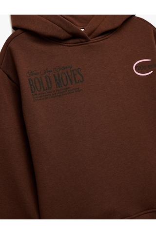 Koton Pamuklu Uzun Kollu Baskılı Oversize Kapşonlu Sweatshirt Kahverengi 6wkg10177ak Kahve