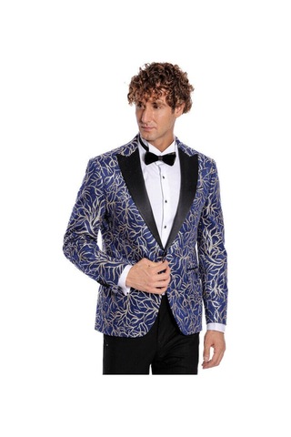 Wessi Işıltılı Sarmaşık Desenli Slim Fit Mavi Erkek Smokin Ceket Mavi