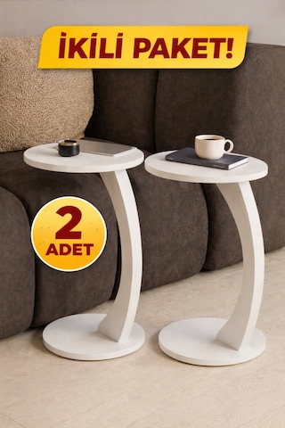 İkili Tekerlekli C Tasarım Beyaz Yan Sehpa Modern Hareketli Sehpa Salon Ve Oturma Odası Beyaz