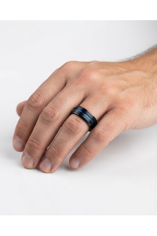 Erkek Siyah Renk Mavi Çizgi Detay Tungsten Yüzük Siyah - Mavi