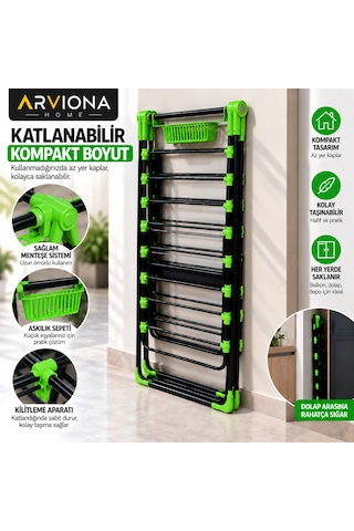 Arvıona Home 170 Cm Kalın Borulu Katlanabilir Metal Çamaşır Kurutmalığı 8 Borulu Yeşil