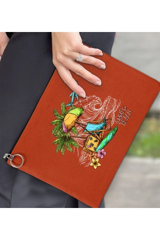 Bk Gift Yaz Temalı-9 Astarlı Kiremit Portföy Çanta 30x21cm, Baskılı El Çantası, Organizer Çanta Çok Renkli