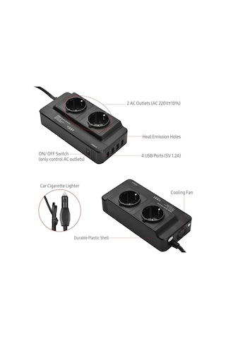 Besthome1 200w Araba Güç Invertörü, Dc 12v'den Ac 220v Dönüştürücü, 2 Ac Çıkışı, 4 Usb Port, Açma/kapama Anahtarı, Siyah