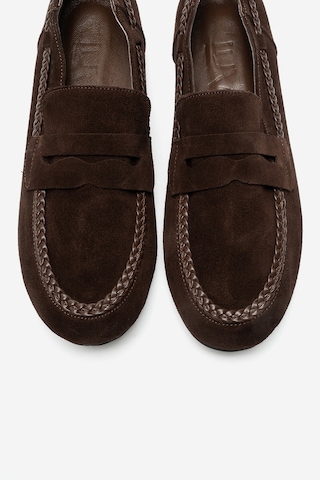 Luvi Shoes Francıs Kahverengi Süet Hakiki Deri Örgü Detaylı Kadın Loafer Ayakkabı