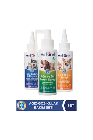 Veturel Kedi Köpek Göz Ağız Kulak Uyuzu Koku  Bakım Seti 3 x 100 ML