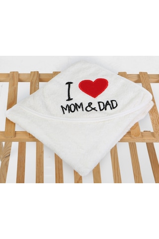 %100 Pamuk Yenidoğan Bebek Kundak Nakışlı Banyo Havlusu Mom Dad Krem 0 - 24 Ay