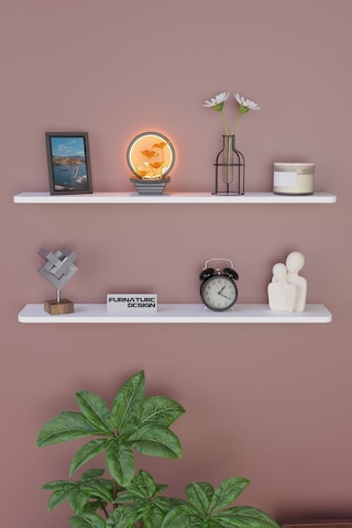 Dekoratif Uçan Duvar Rafı 2 Adet Gizli Monteli Raf Oval Kesim 80x18 Cm Beyaz