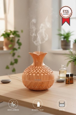 Dekoratif Vazo Ev Dekor Koku Cihazı H15 Ahşap Led Işıklı 300ml Flower Hava Nemlendirici