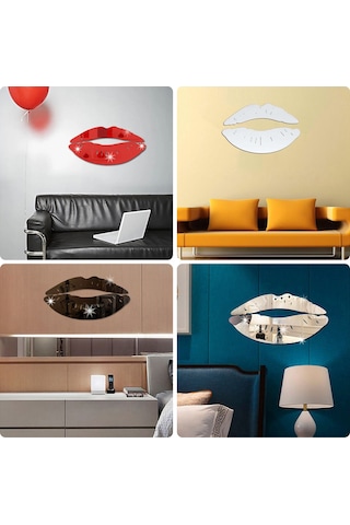 Mufunye Dudak Şekilli Ayna Duvar Sticker Seti - Kırmızı, Altın, Siyah, Gümüş Renk Seçenekleri - Dekoratif Duvar Aksesuarı Çok Renkli