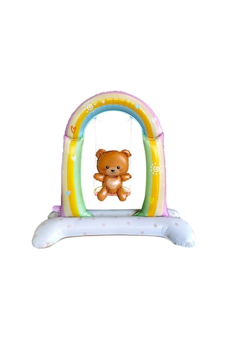 Retro Salıncakta Sallanan Ayıcık Folyo Balon Ayaklı Baby Shower Balon Renkli