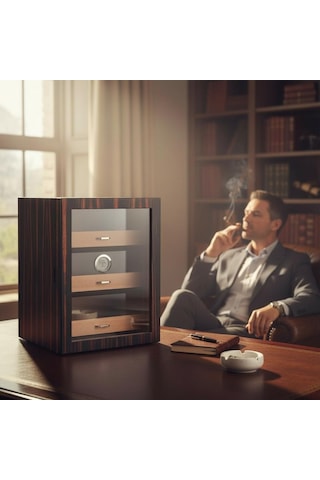 Cigarloong Camlı 3 Çekmeceli Puro Kutusu Humidor Abanoz 100's