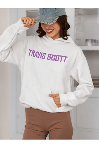 Sevbano Travis Scott Baskılı Unisex Oversize Rapper Şarkıcı Hoodie Beyaz