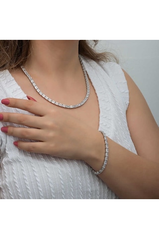 Blackcraft Gümüş Beyaz Taşlı Su Yolu Kadın Set Bc-68a809 Beyaz