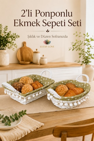 2'li Ponponlu Ekmek Sepeti Seti Oval Ve Dikdörtgen Çıkarılabilir Kumaş Astarlı Hasır Servis Sepeti Açık Yeşil