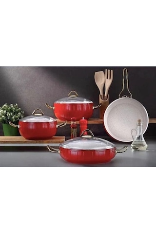 Bonera Granit Tencere Seti 7 Parça Kırmızı