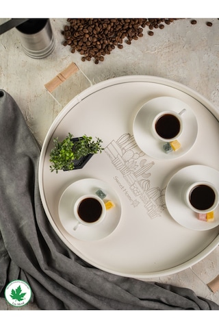 Lin Metal 37cm Yuvarlak Tepsi Ahşap Kulplu Kaktüs Baskılı - Krem