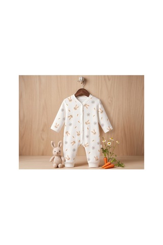 Deniva Kids Unisex Bebek Fitilli Pamuklu Sevimli Tavşan Desenli Çıtçıtlı Uzun Kollu Tulum Beyaz